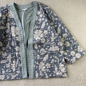 Pure Jill Quilted Floral Kimono Jacket Women's L Blue Ivory Cotton Blend $149